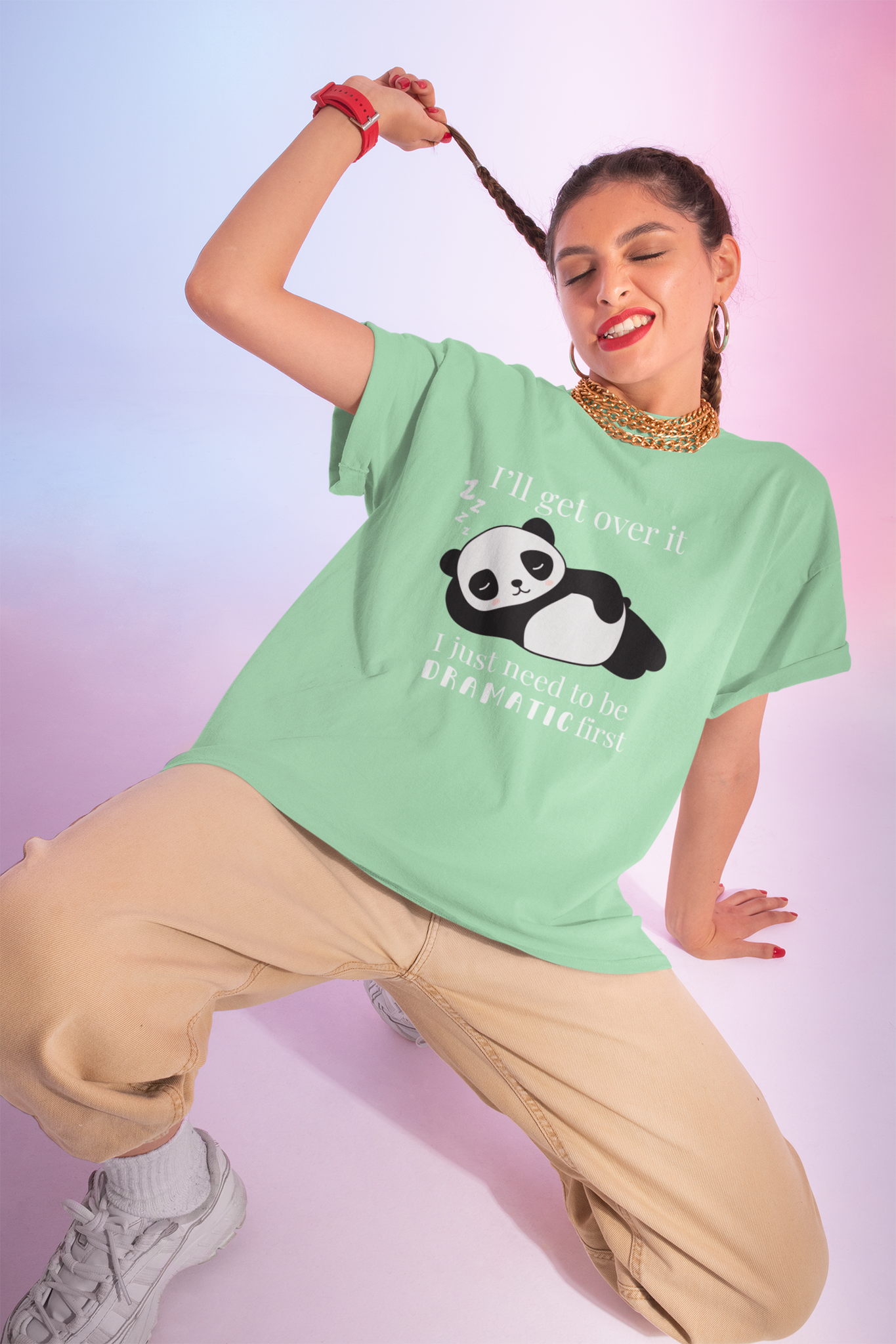 Dramatic Panda/ Arienai / Sage Green Unisex Oversize T-Shirt